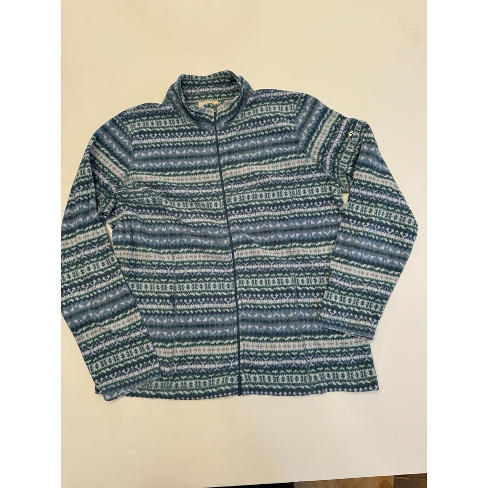 LL Bean Sweater Jacket Womens Large Blue Green White Fleece Full Zip Long Sleeve